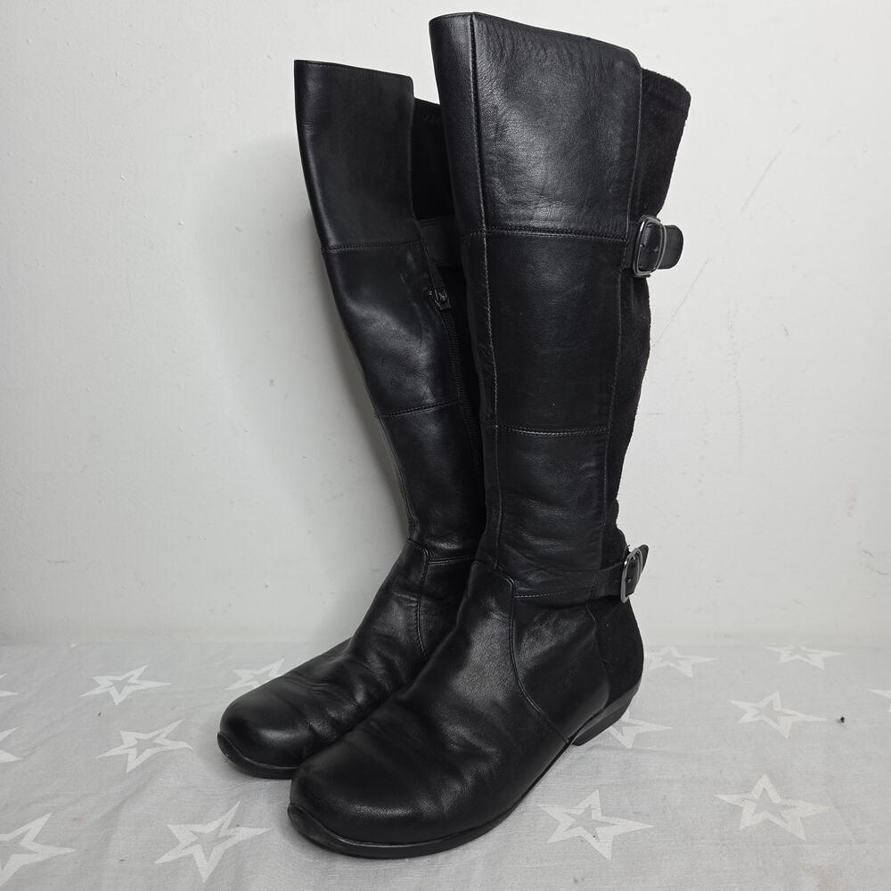 Dansko Tall Boots Womens Size 39 US 8.5 Black Leather Buckle Knee High Side Zip